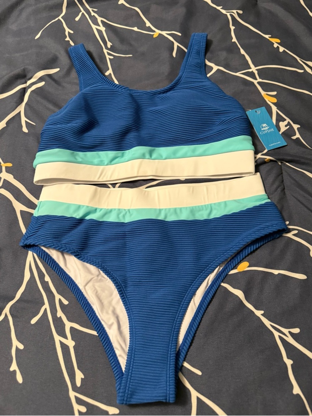 Cupshe Blue, Teal & Cream Two-Piece Ribbed Swim Set, NWT